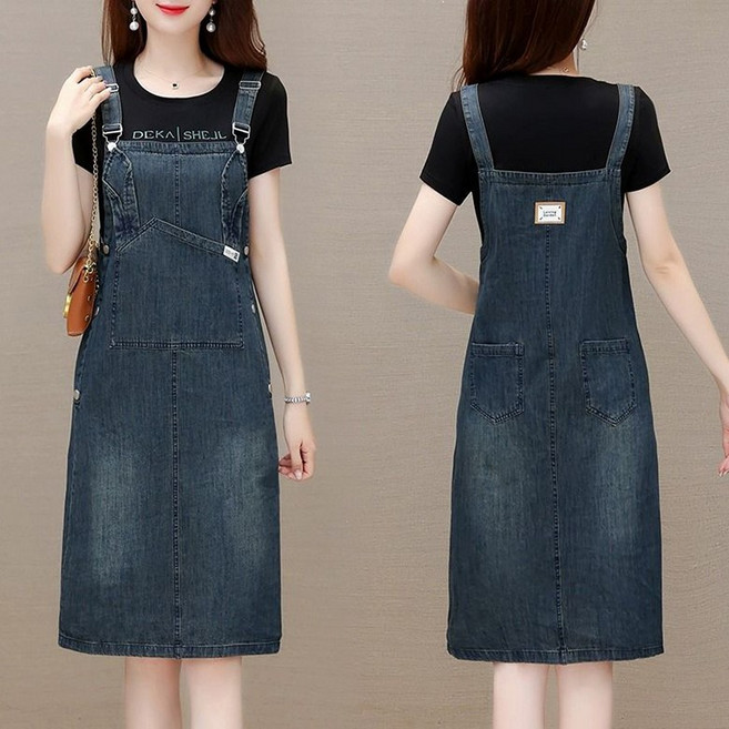 고급스러운 청 멜빵 원피스 여름 빅사이즈 루즈핏 엄마 끈 나시 데님 원피스 오버핏