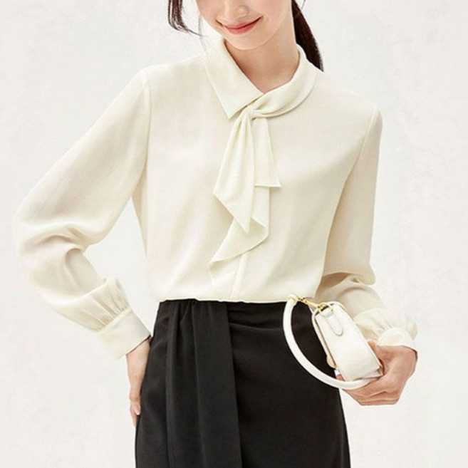 Makone 여성 가을 겨울 언발란스넥 프릴 솔리드 심플 셔츠 블라우스