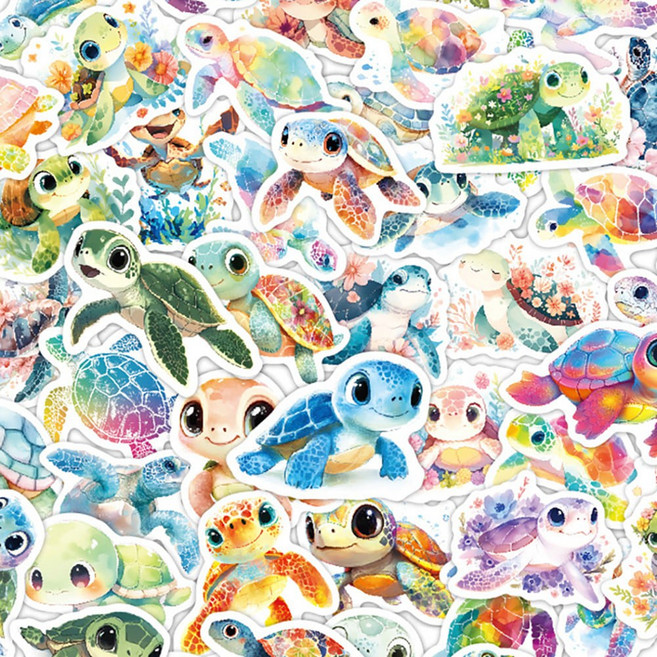 바다거북 방수 스티커 50개 세트 수채화풍 캐리어 노트북 텀블러 데코