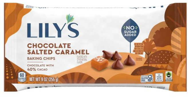 LILY'S 초콜릿 소금 캐러멜 맛 설탕 첨가 없음 베이킹 칩 백 9온스(3개), 1개, 255g