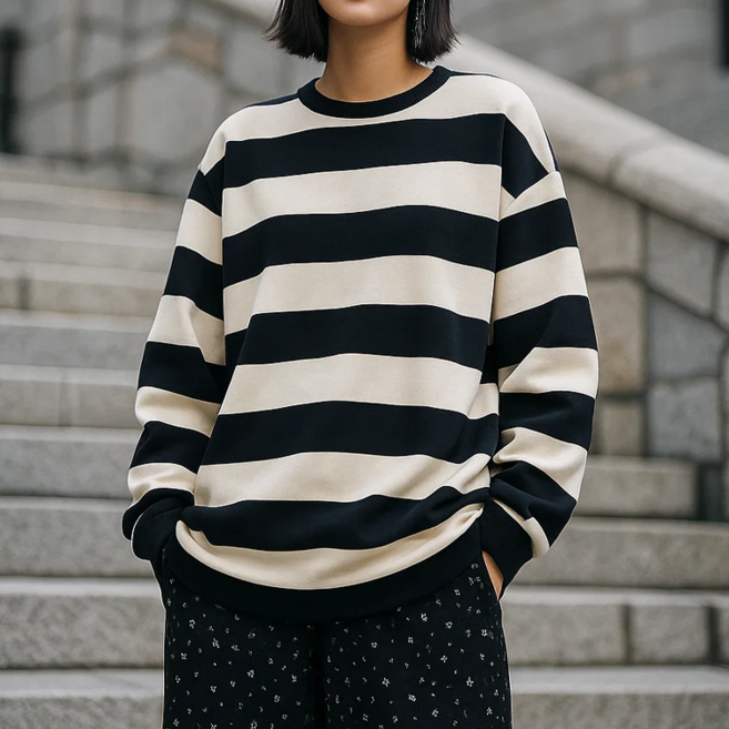 데일로엔 여성 라운드넥 긴팔 컬러 스트라이프 맨투맨