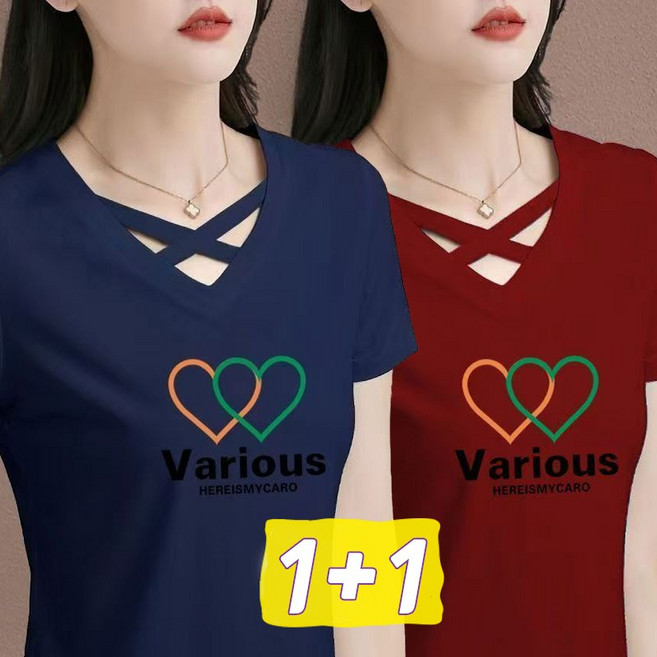 1+1 여름 짜임 펀칭티 여성 브이넥 반팔티 하트 캐주얼 루즈핏 기본 티셔츠 빅사이즈