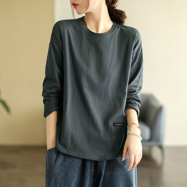2026 봄 프리오더 여성 긴팔 티셔츠 루즈핏 라운드 면티 이너 무지티 기본티셔츠 문예 상의 빅사이즈