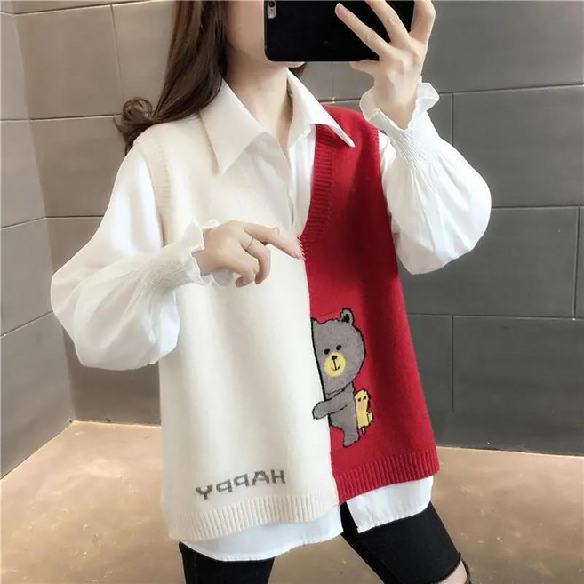 WANGBAIWAN 여성 캐릭터 패턴 브이넥 니트 베스트 심플 루즈핏 레이어드 민소매 스웨터 조끼 L73012