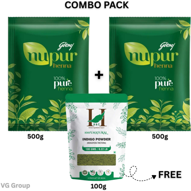 Godrej Nupur Henna 500g+500g Get H&C Indigo Powder 100g FREE Combo pack, 2개, 메한디