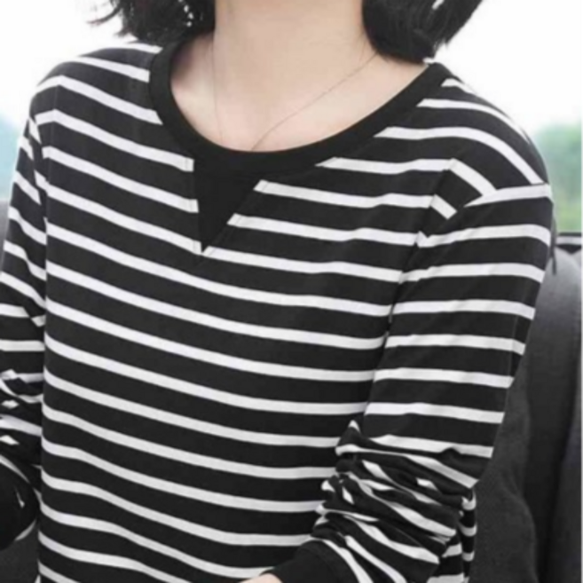 로루아 빅사이즈 여성 스트라이프 심플 라운드 맨투맨 긴팔 티셔츠