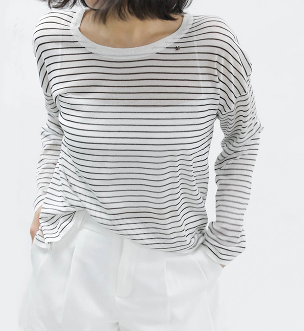 룩업 여성 스트라이프 시스루 긴팔티 롱슬리브 데일리 이너티 단가라 라운드 니트 티셔츠
