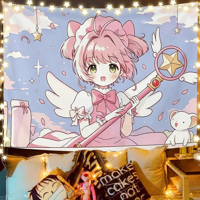 Q版魔卡少女櫻動漫掛布學生房間寢室床頭裝飾背景墻布, 1個, M魔卡少女櫻7寬1.5米高1.3米+6米燈+安裝包