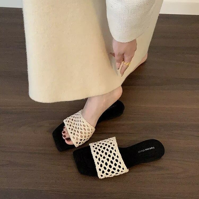 法式復古度假風編織涼拖鞋女外穿夏季軟平底海邊拖鞋, 1個, 黑色37