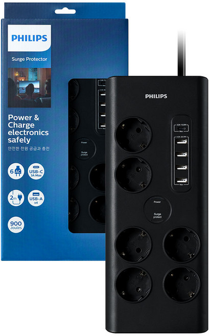 필립스 프리미엄 USB A to C 멀티탭 6구 / 8구 블랙 서지보호 낙뢰 과부하차단, 서지보호 USB 5포트 6구 블랙, 2M, 1개, 블랙 USB 6구 SPN7060BA