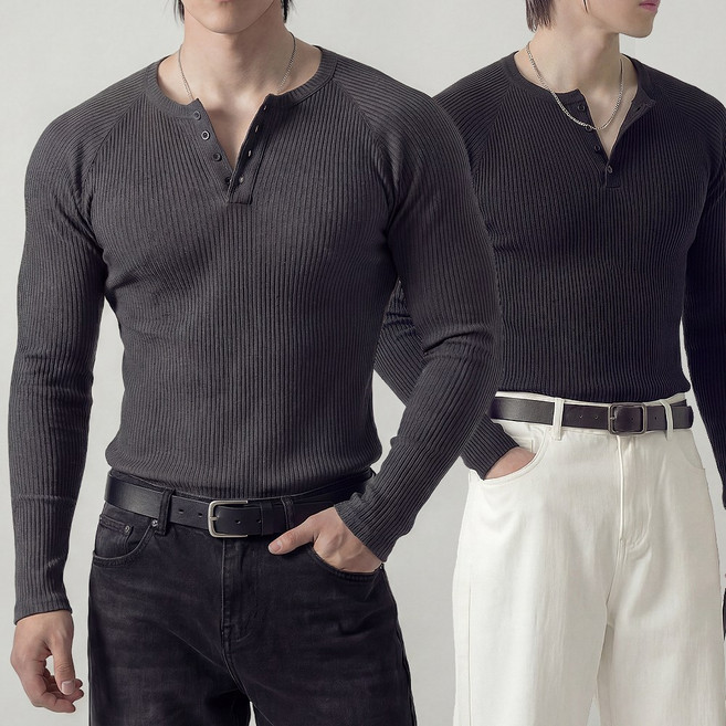 남성 머슬핏 헨리넥 긴팔티 골지 이너 티셔츠