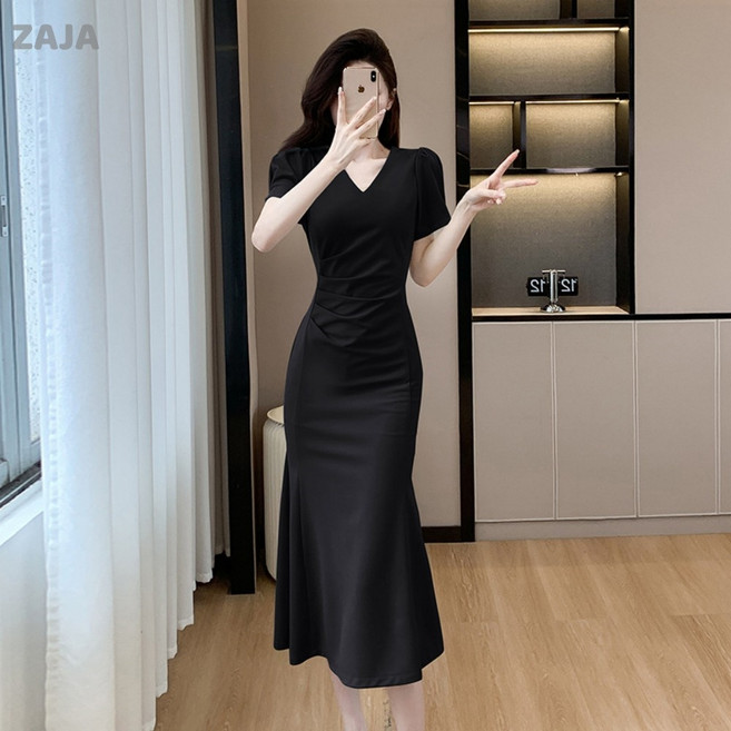 ZAJA 여성 여름 머메이드 원피스 반팔 V넥 슬림핏