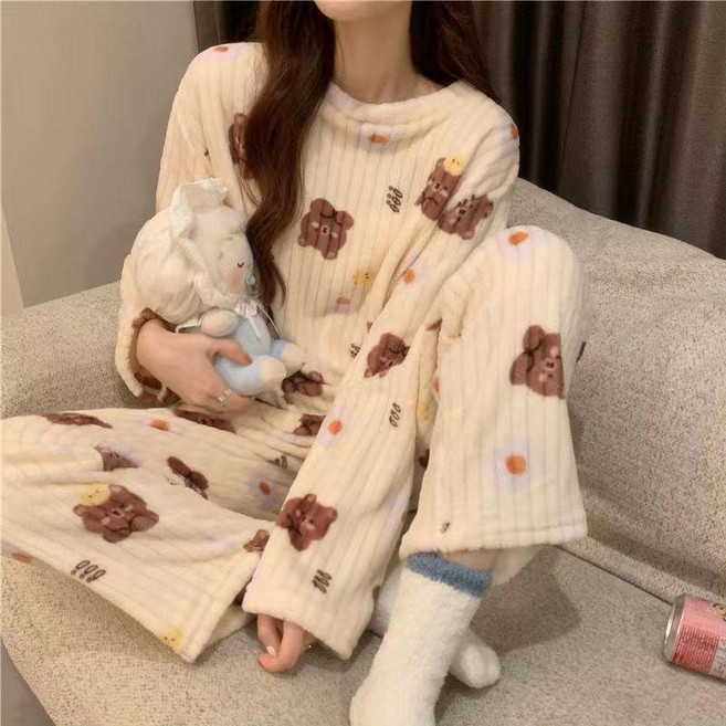 good 珊瑚絨冬季睡衣女秋冬保暖卡通加絨家居服套裝褲子