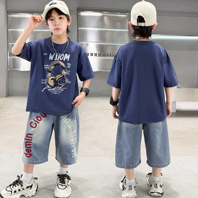 비비키드 남아 여름 초등생 WI10M 헤드셋 페인팅 반팔티 레터링 데님 반바지 상의 초중생 하의 세트 주니어 상의+하의 세트 (841)
