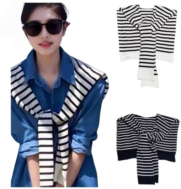 經典條紋針織小披肩 圍巾 假領子 空調罩衫 外搭 造型領巾