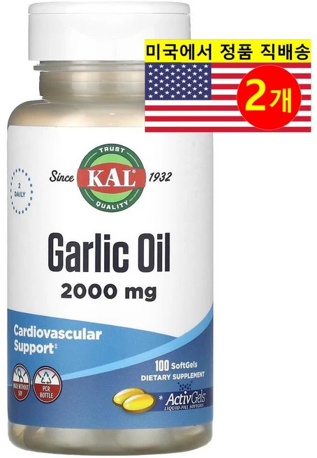 KAL 마늘 추출 오일 1000mg Garlic Oil, 2개, 100정 - 쿠팡