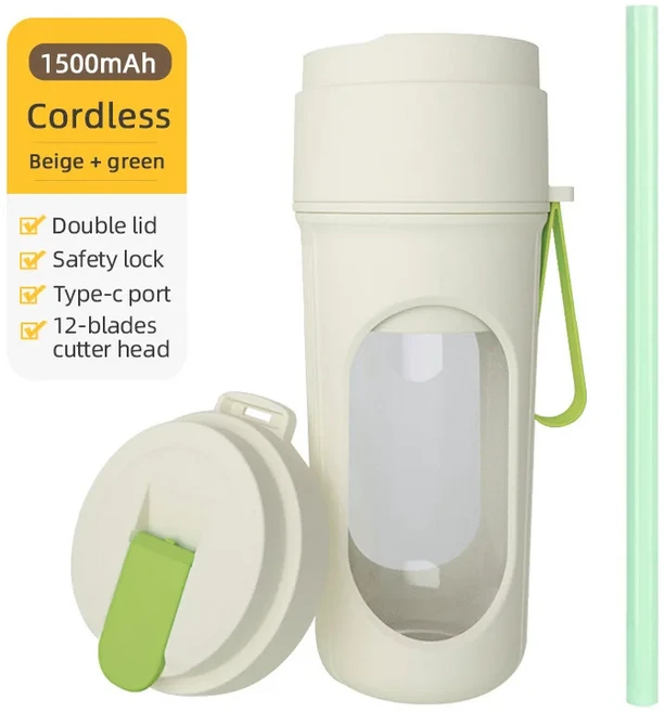 450ml USB 충전식 가정용 휴대용 블렌더 개인용 미니 주서기 스무디 및 쉐이크용 핸디 과일 믹서 컵, 02 Beige Green