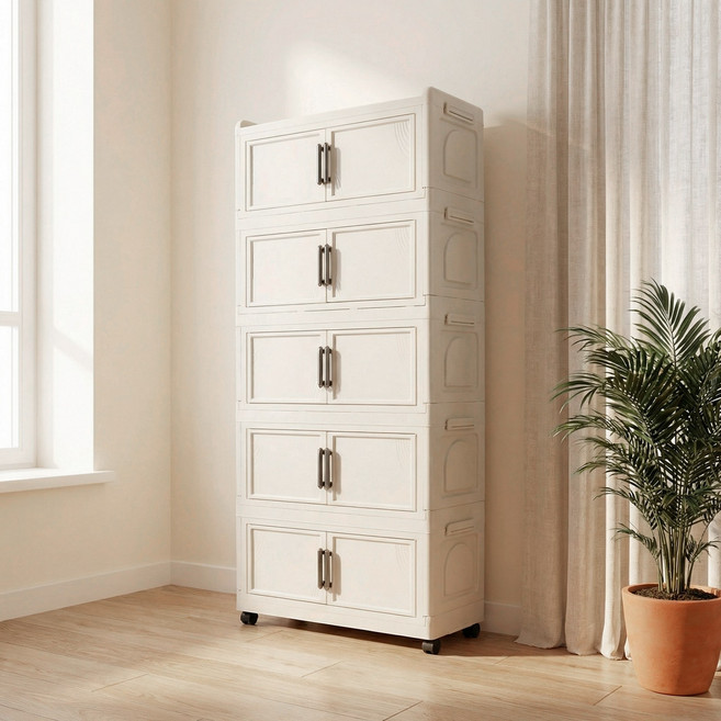 SHE-U 폴딩박스 대용량 수납장 리빙박스 가정용 다용도 이동식 옷장 거실 주방 정리함, 5개, 아이보리