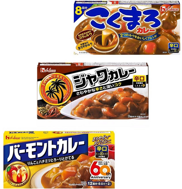 일본고체카레 매운맛 비교 세트 하우스 바몬트 자와 코쿠마로 카레루, 3종류 세트, 1개