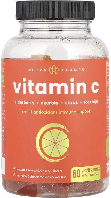 NutraChamps 비타민C 천연 오렌지 & 체리 비건 구미젤리 60개, NutraChamps비타민C천연오렌지체리비건구미젤리60, 1개, 60정 - 쿠팡