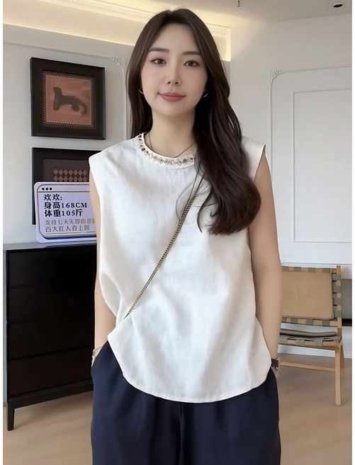 亞麻純色無袖襯衫