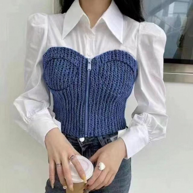 미중 여성 봄가을 뉴 편한 투인원 니트 칼라 셔츠 배색 페션 긴팔 Tcy