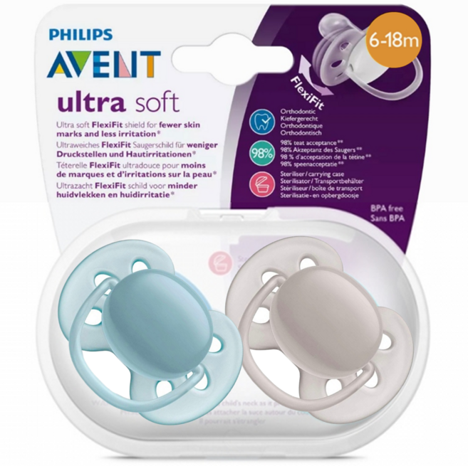 필립스아벤트 울트라 소프트 노리개젖꼭지 2종, 6~18개월, 블루 + 그레이, 1세트