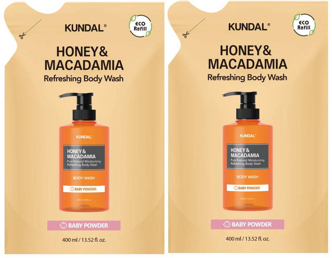 쿤달 허니 앤 마카다미아 퓨어 바디워시 베이비파우더향 리필, 2개, 400ml