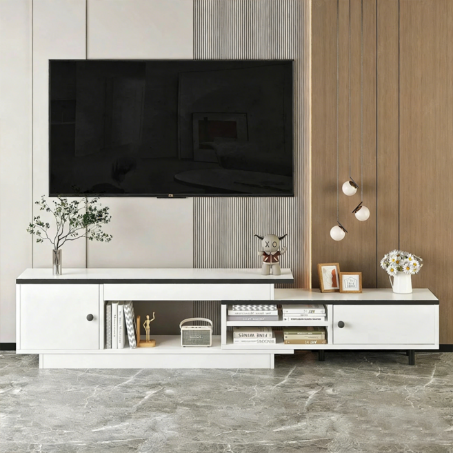 TV 다이 거실 티비 장식장 거실장 확장형 TV장 서랍형 거실장 오픈 캐비닛 책궤 수납 거실장 170-210cm, 흰색