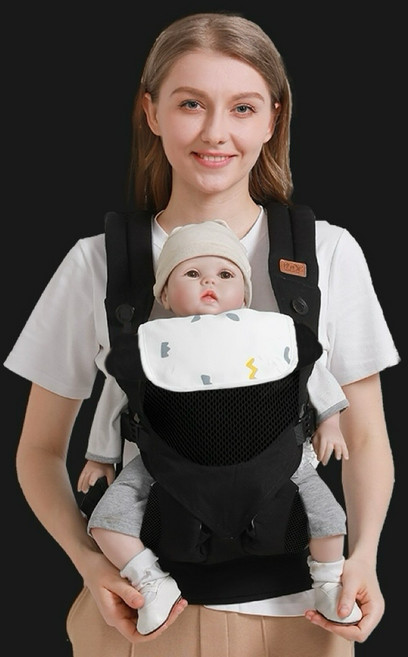 抱抱龍 嬰兒揹帶 腰凳 兩用 透氣網布 口水巾, 透氣俏皮黑