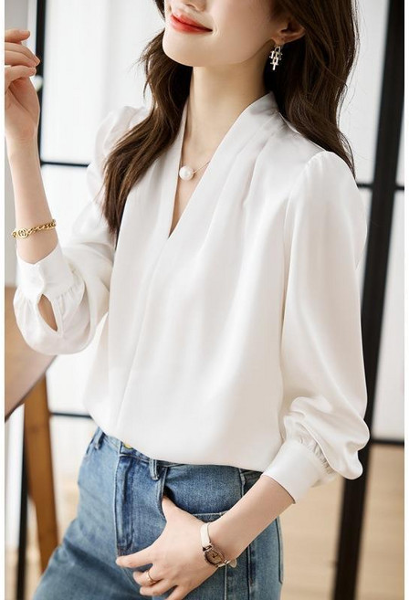 스타일닥터 여성 블라우스 봄가을 심플 셔츠 긴팔 브이넥 하객룩 오피스룩