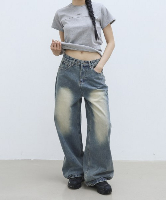 MILLIONCOR 9449 유니섹스 와이드 미디엄인디고 투버튼 데님팬츠