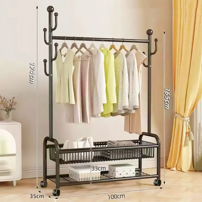 원풍룽 튼튼한 이동식 철제 2단 행거, 블랙 1000