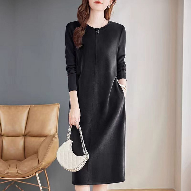 봄 가을 중장년 여자 긴팔 원피스 빅사이즈 루즈핏 허리 조임 여성 롱원피스 패션 중년 엄마옷 원피스 LZH