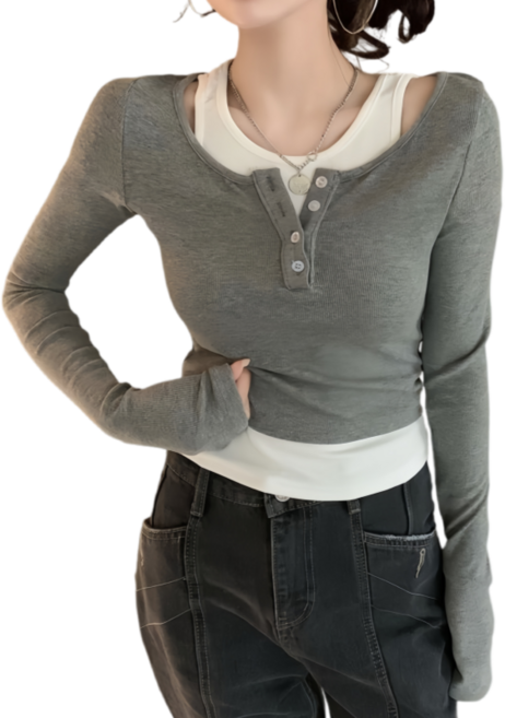 Makone 여성 레이어드 나시 티셔츠 패치워크 투인원 심플 트랜드슬림핏 패션 긴팔 티셔츠