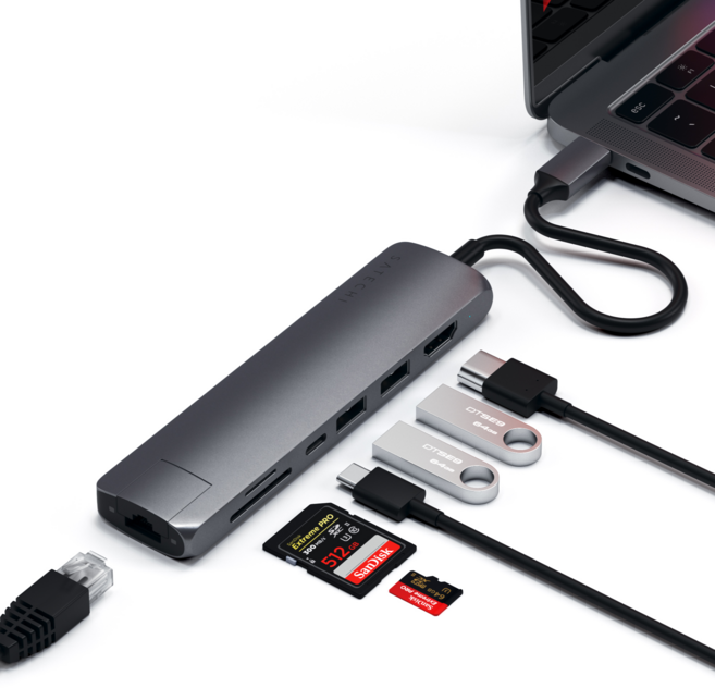 사테치 USB C타입 7in1 알루미늄 슬림 맥북 멀티 허브 이더넷 어댑터, Space gray, 1개