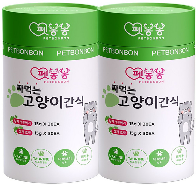 펫봉봉 NEW 짜먹는 고양이 간식 습식 고양이 스틱 대용량 60P, 2개, 900g, 참치/크랜베리(30)+참치/호박(30)