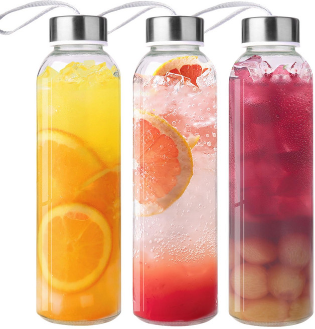휴대용 유리 물병 스테인리스 스틸 병뚜껑, 3개, 500ml