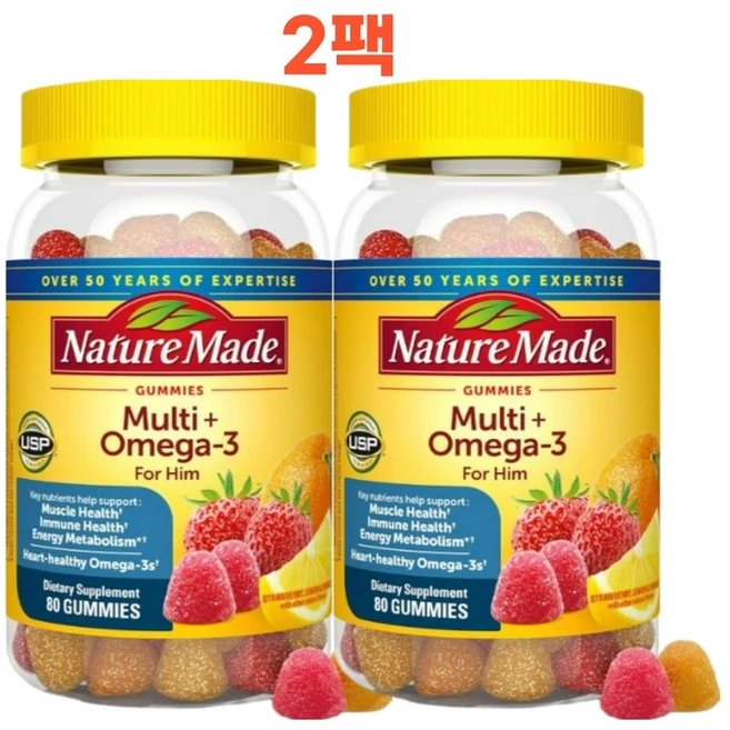 네이처메이드 남성 멀티비타민 오메가3 구미 젤리 Nature Made Multi + Omega-3 For Him Gummies, 2개, 80정 - 쿠팡
