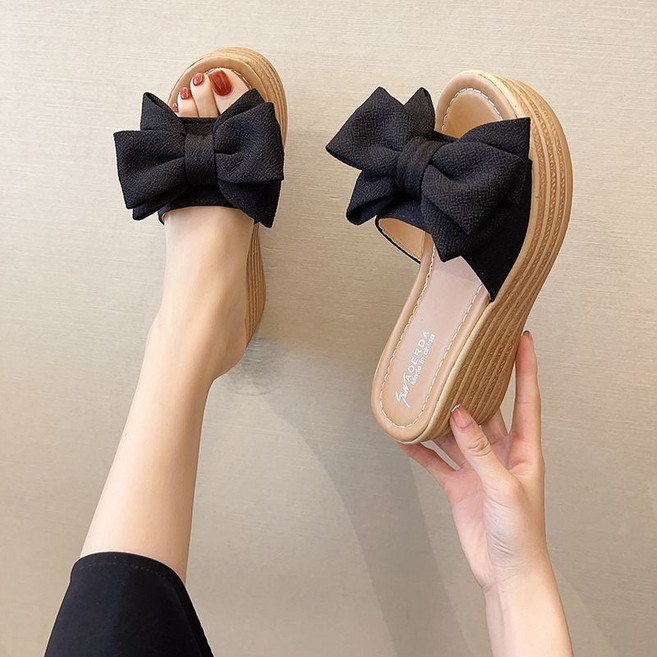 Ashysnow 웨지 슬리퍼 여성 여름 엘레강스 리본 7cm 컴포트 통굽 슬리퍼