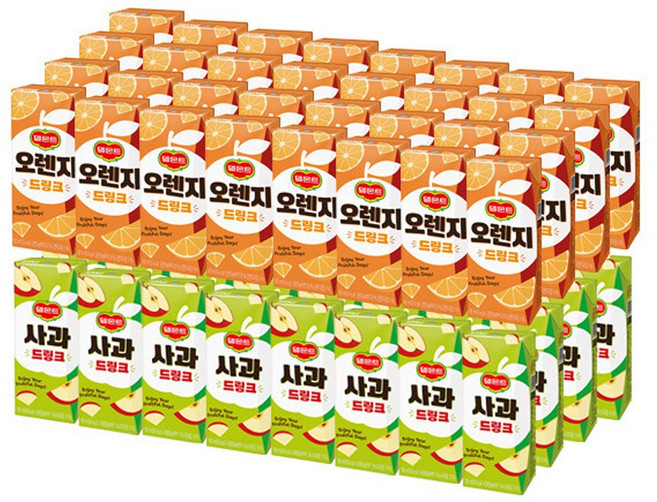 롯데 델몬트 드링크팩 사과 190ml(32팩)+오렌지 190ml(32팩) 총64팩 안전박스포장, 64개, 190ml