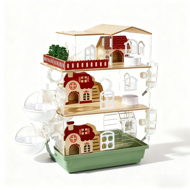 YAPOGI 세계일주 이층 햄스터 쳇바퀴 스마트리빙 케이지 완전 투명 대형 햄스터집, 1개, 그린B