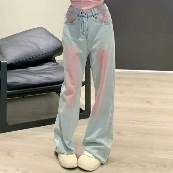 봄여름 그래피티 워싱 청바지 여 빈티지 디자인 느낌 일자 와이드 팬츠