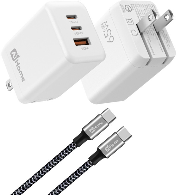 65W三孔GaN氮化鎵快充組 折疊插頭 附C轉C編織充電線 適用iPhone安卓設備充電器, 1套, 白色