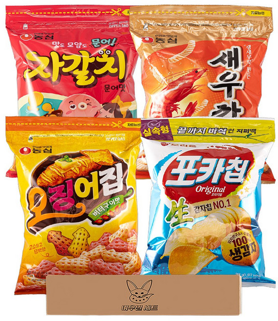 [여우별 세트] 대용량 지퍼백 과자 4종 세트, 1세트, 새우깡,자갈치,포카칩,오징어집