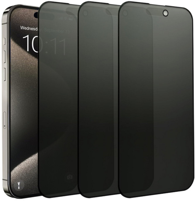 1+1+1 나인테크 아이폰15 프로 맥스 플러스 안티 스파이 프라이버시 풀커버 강화유리필름, 3개