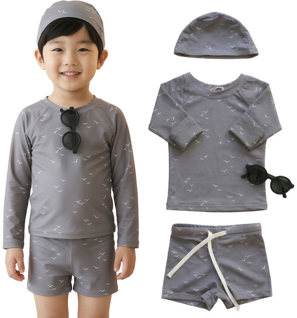 스토리원 U-KIDSWR004 아동 어린이 긴팔 래쉬가드 수영복 남아 여아 반바지 수영모 세트