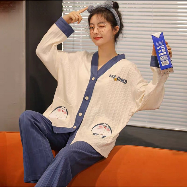 짱구 곰돌이 헬로키티 도라에몽 파자마 긴팔 여성 봄가을 순면 러블리 캐릭터 실내복 홈웨어 세트