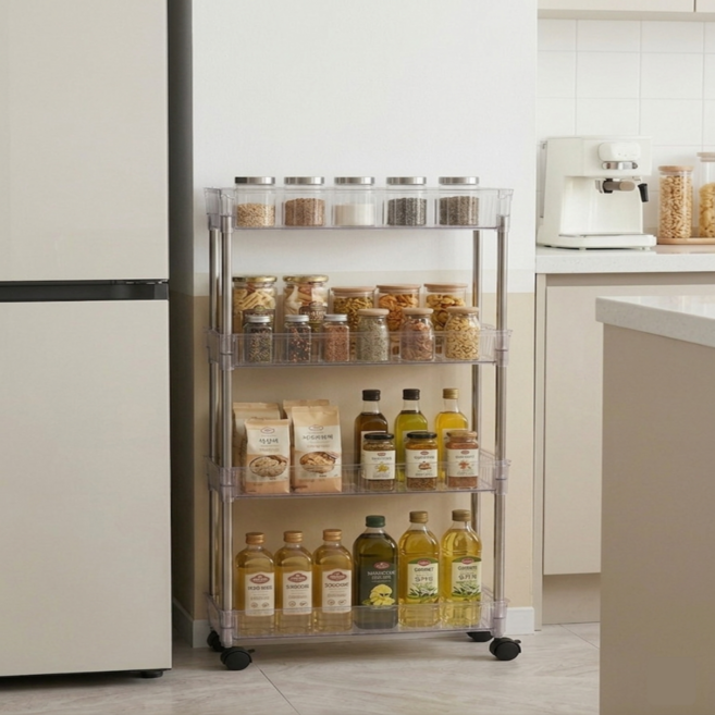 콘스비아 틈새 수납장 이동식 트롤리 선반 다용도 거실 욕실, 화이트, 4단