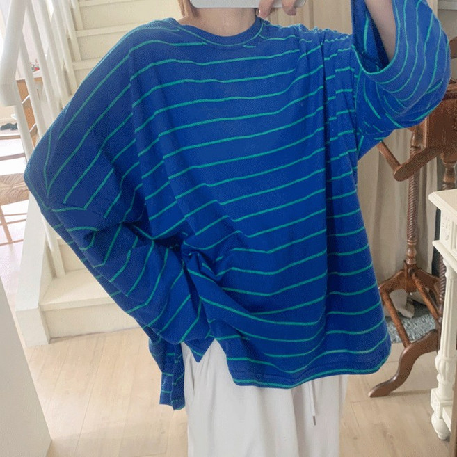 애플망고옷장 빅사이즈 버블단 긴팔 스트라이프 박스티셔츠 오버핏롱티